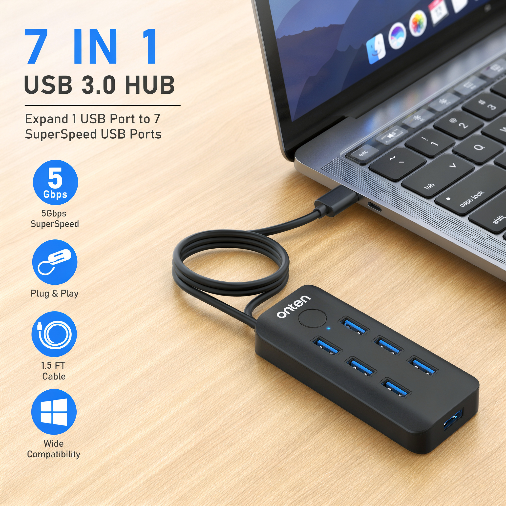OTN-8120 ONTEN USB Hub 7 Port With Windows Screen Lock