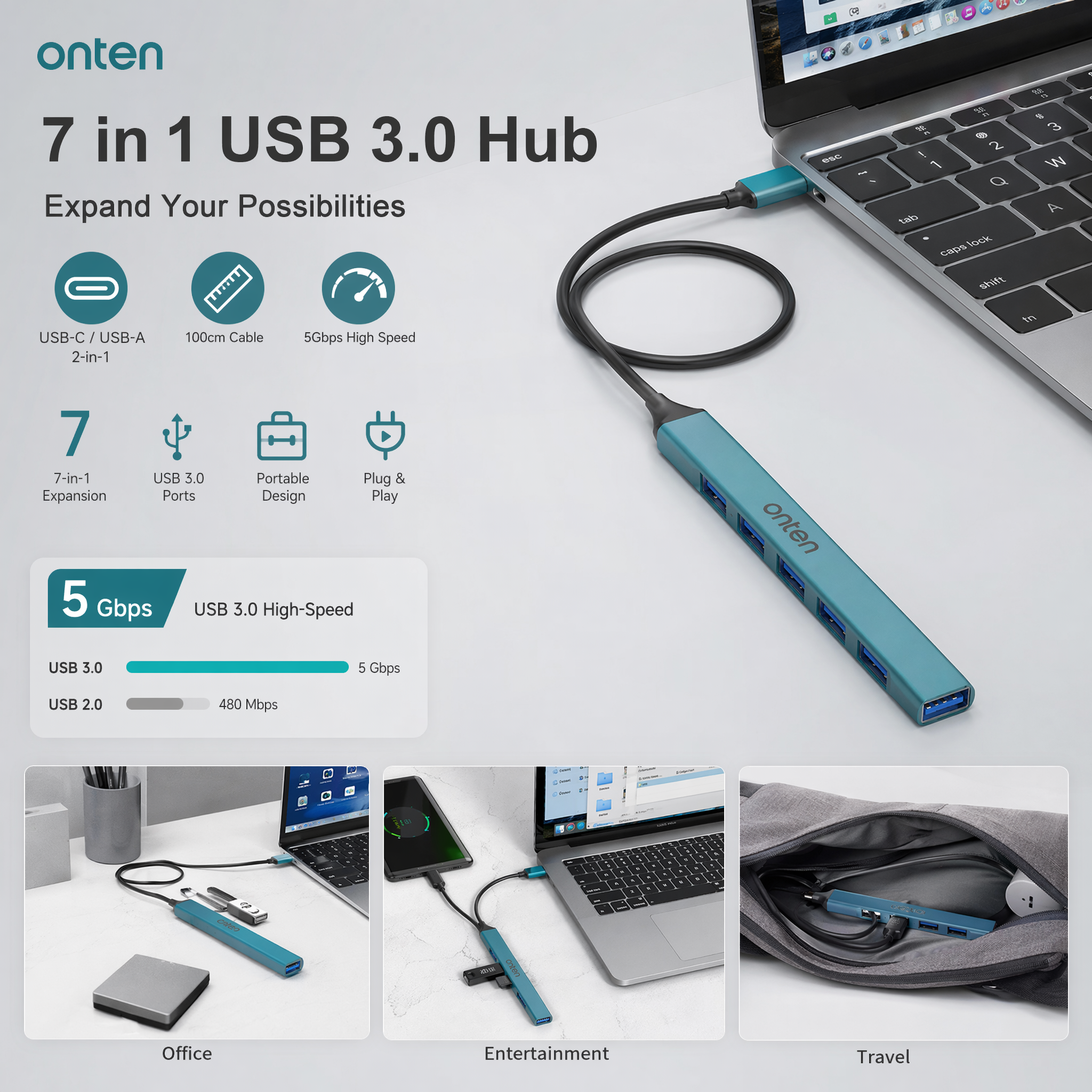 OTN-UCA9702 ONTEN USB HUB 7 Port Dual Connection