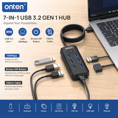 OTN-8121 ONTEN USB Hub 7 Port With Windows Screen  Lock WITH PORT LANRJ45