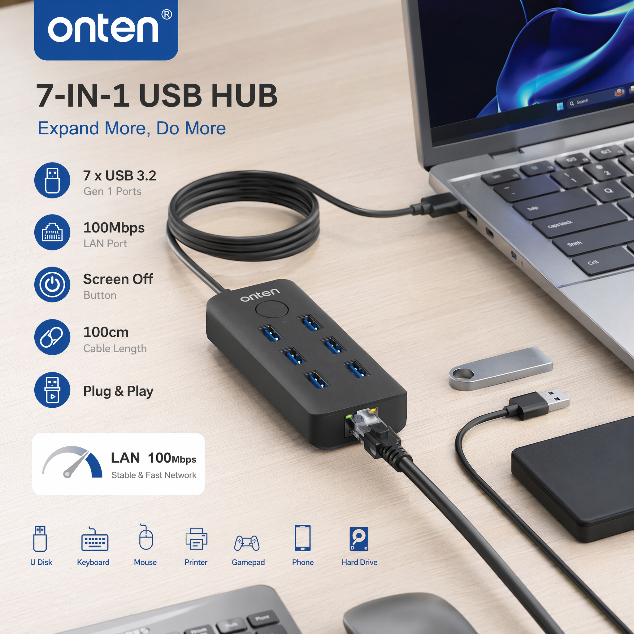 OTN-8121 ONTEN USB Hub 7 Port With Windows Screen  Lock WITH PORT LANRJ45